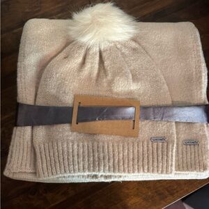 Tan Knit Beanie and Scarf Set with Faux Fur Pom